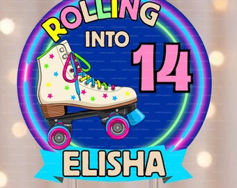 Roller Skate Birthday Cake Topper | Rolling Into Age Cake Topper | Personalized Name & Age| Neon Retro Skate Party | Digital PDF Download