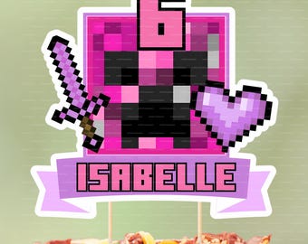 DIGITAL DOWNLOAD Personalized Minecrafter Girl Cake Topper – Custom Name & Age – Pink Purple Gamer Birthday Party Printable Decoration