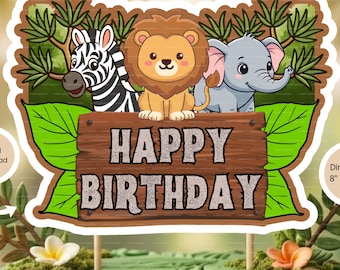 Printable Jungle Cake Topper 8x6 | Safari Animals Birthday Cake Decoration | Wild One Birthday Party Decor | Digital Download PNG PDF