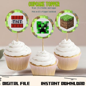 Minecrafter Cupcake Topper, Gamer Toppers, Birthday Topper, Digital, Download instantâneo, PNG, arquivo PDF