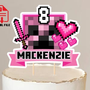 Personalized Pixel Cake Topper: Pink Gamer Birthday Decoration (Digital Download)