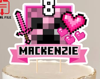 Personalized Pixel Cake Topper: Pink Gamer Birthday Decoration (Digital Download)