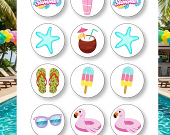Summer Beach Pool Party Cupcake Toppers, Tropical Flamingo Surfboard (Digital Download)