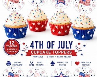4th of July Cupcake Toppers Printable, Patriotic Cupcake Picks, Independence Day Party Decorations, Instant Download PDF, Bbq party