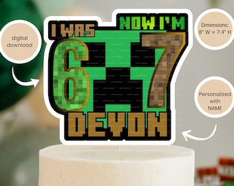 I Was 6 Now Im 7 Gamer Cake Topper, Personalized 7th Birthday Cake Topper with Name, Pixel Birthday Decoration