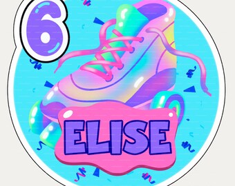 Roller Skate Cake Topper Printable, Blue & Pink, Purple Birthday Decor, Custom Name and Age Skate Party Decoration, Digital Download