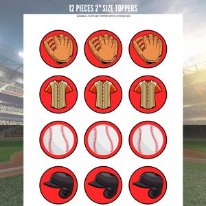 Instant Download Baseball Cupcake Toppers | Red Baseball Party Circles | 2x2 Inch | Sports Fan Decor
