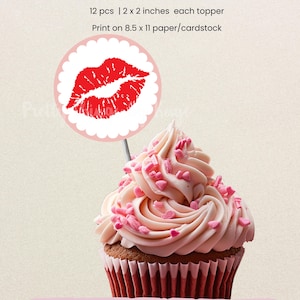 Valentine's Day Cupcake Topper, Kiss Mark, 2 inch (Digital File)