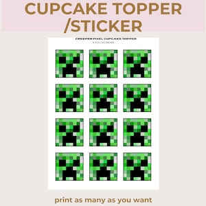 Minecrafter Creeper Cupcake Toppers: Pixel Party Decorations (digitale download, 2 x 2 inch vierkant ontwerp)