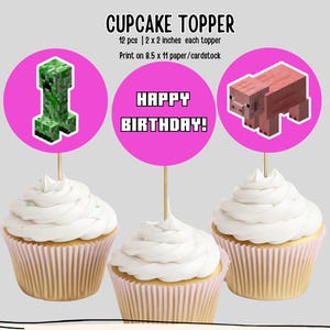 Pink Mine Crafter Cupcake Topper: Gamer Birthday (Digital Download)