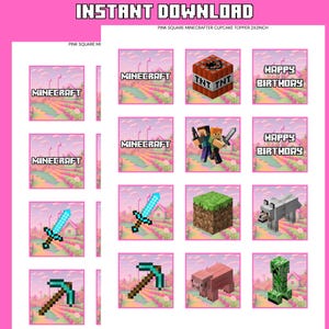 Pink Square Minecrafter Cupcake Topper, Gamer Toppers, Birthday Topper, Instant download, Printable, 2x2 inches. PDF. PNG