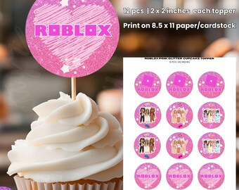 Adornos para cupcakes con purpurina rosa de Roblox (descarga digital)