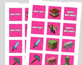 Pink Minecrafter Cupcake Toppers - Instant Download | Pixel Party Decor for Girls | 2x2” Printable Birthday Squares!