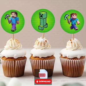 Minecrafter Party Toppers – 12 Printable Cupcake Toppers, Favor Tags, Stickers – Instant Download for DIY Crafts