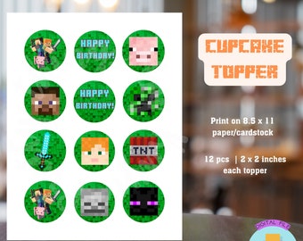 Gamer Toppers, Minecrafter Cupcake Topper, Birthday Topper, Digital, Instant Download