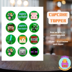 Gamer Toppers, Minecrafter Cupcake Topper, Birthday Topper, Digital, Instant Download