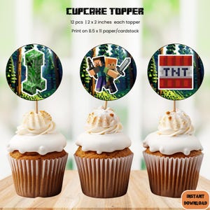 Minecrafter Cupcake Toppers Instant Download | Printable Birthday Party Decor | TNT, Creeper, Steve, Alex, Enderman