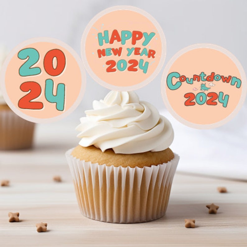 Happy New Year 2024 Cupcake Toppers 12pcs 3 Designs, Apricot, Blue, Red