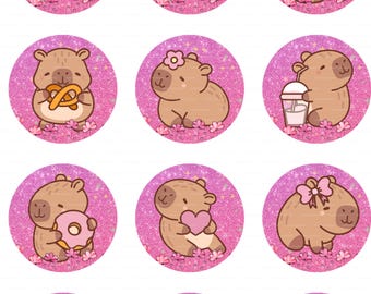 Preppy Pink Capybara Cupcake Toppers: Glitter Birthday Decor Digital File, PDF/PNG 8.5x11"