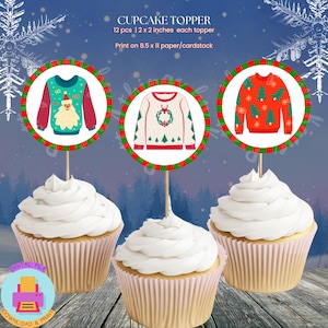Ugly Christmas Sweater Cupcake Toppers: Holiday Party Decor (Digital file)