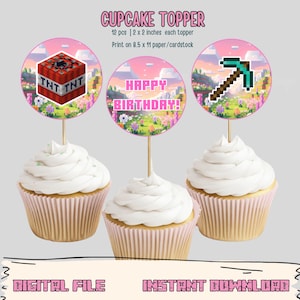 Pink Minecrafter Birthday Cupcake Toppers: Gamer Party Favors (Digital Download)