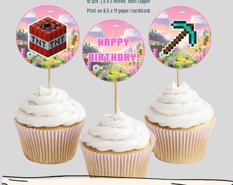 Pink Minecrafter Birthday Cupcake Toppers: Gamer Party Favors (Digital Download)