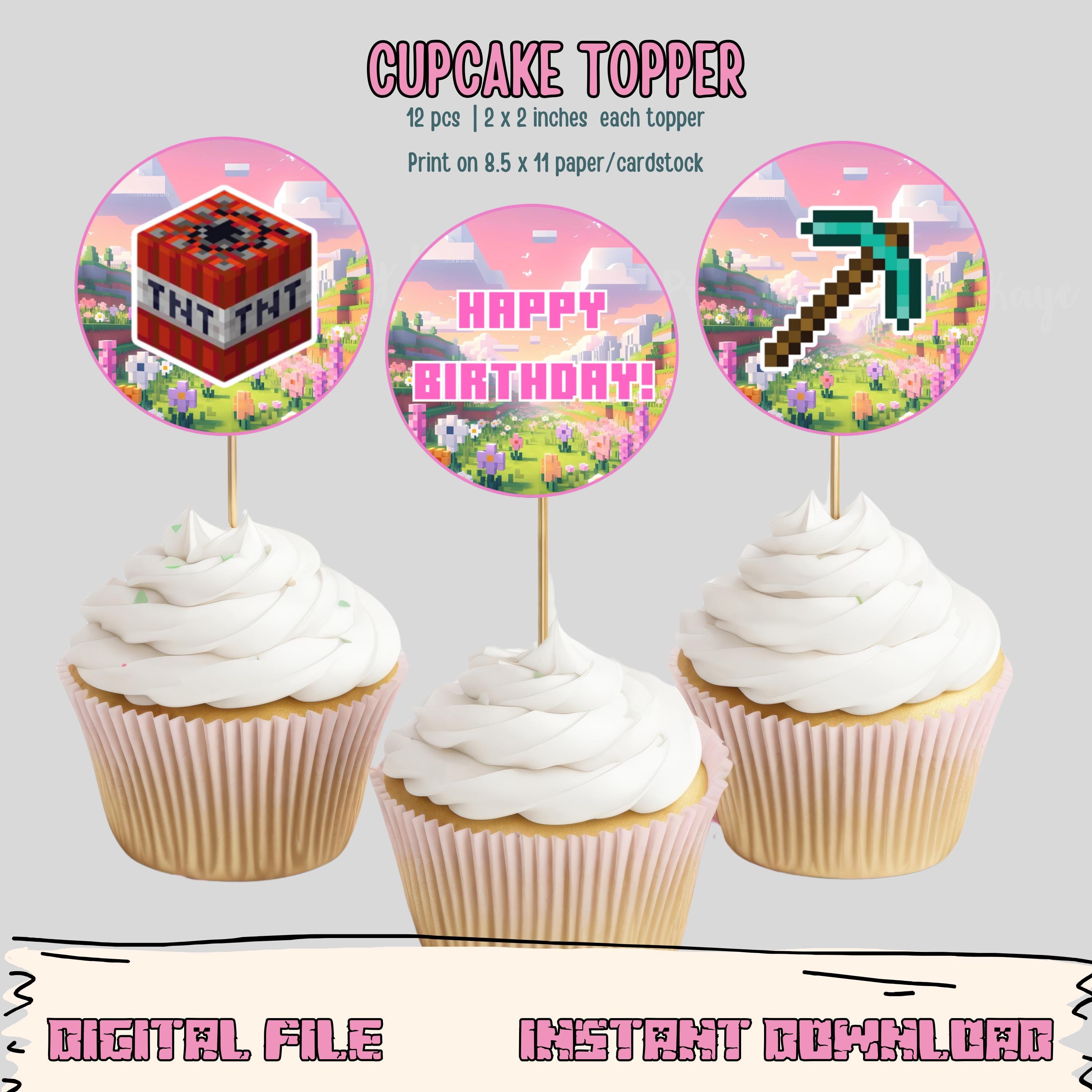 Cute Pink Minecraft Cupcake Toppers