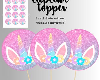 Unicorn Cupcake Toppers: Party Decoration (Digital file, 2x2 inches)