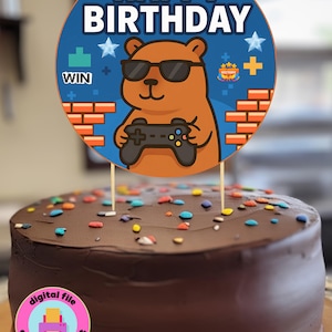 DIGITAL FILE Not physical item-Gamer Capybara Birthday Cake Topper – Cool Gaming Party ,Digital File for Boys – Video Game Party Decoration