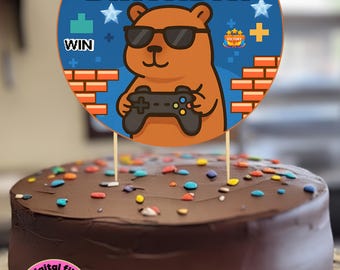 Gamer Capybara Birthday Cake Topper – Video Game Party (Digital File)