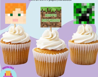 Pixel-Perfect Party: Minecrafter Cupcake Toppers Digital Download, square 2x2 size