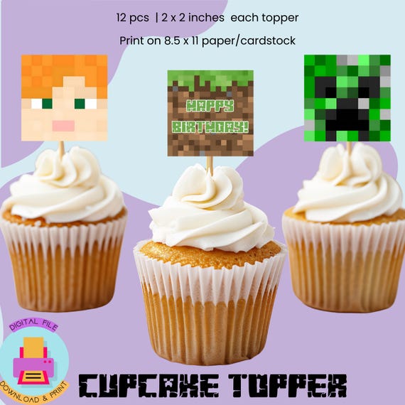 Pixel-Perfect Party: Minecrafter Cupcake Toppers Digital Download, square  2x2 size