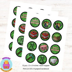 Minecrafter Cupcake Topper, Gamer Toppers, Birthday Topper, Digital, Instant Download, PNG, PDF file