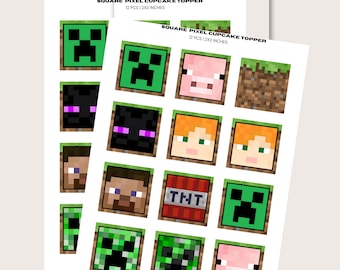 DIGITAL DOWNLOAD Square Pixel-Perfect Party: Minecrafter Cupcake Toppers, square 2x2 size