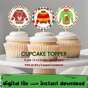 Ugly Christmas Sweater Cupcake Toppers: Festive Holiday Designs (Digital file)