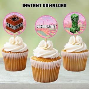 Pink Minecrafter Cupcake Toppers: Gamer Birthday Party (Printable, 2x2 inches)