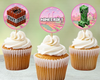 Pink Minecrafter Cupcake Toppers: Gamer Birthday Party (Printable, 2x2 inches)