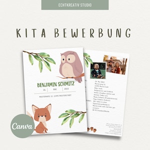 KITA Bewerbung, Kindergarten, KITA-Platz Bewerbungsvorlage, digitale Canva Vorlage, Waldtiere Design