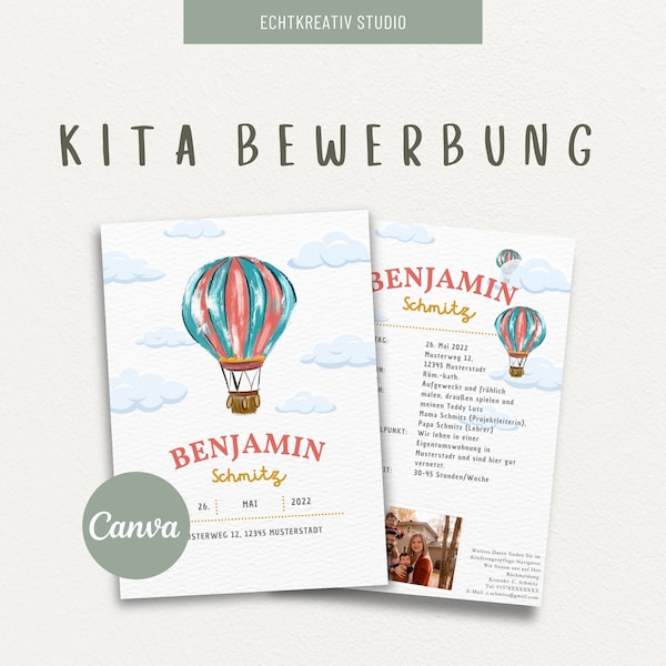 KITA Bewerbung, Kindergarten, KITA-Platz Bewerbungsvorlage, digitale Canva Vorlage Heißluftballon Design