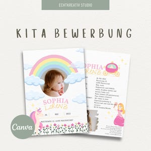 May include: A pink and blue printable card with a rainbow, clouds, and a photo of a baby girl. The card says "Sophia Lorenz" and "20. Mai 2022" with the address "Musterweg 12, 12345 Musterstadt".