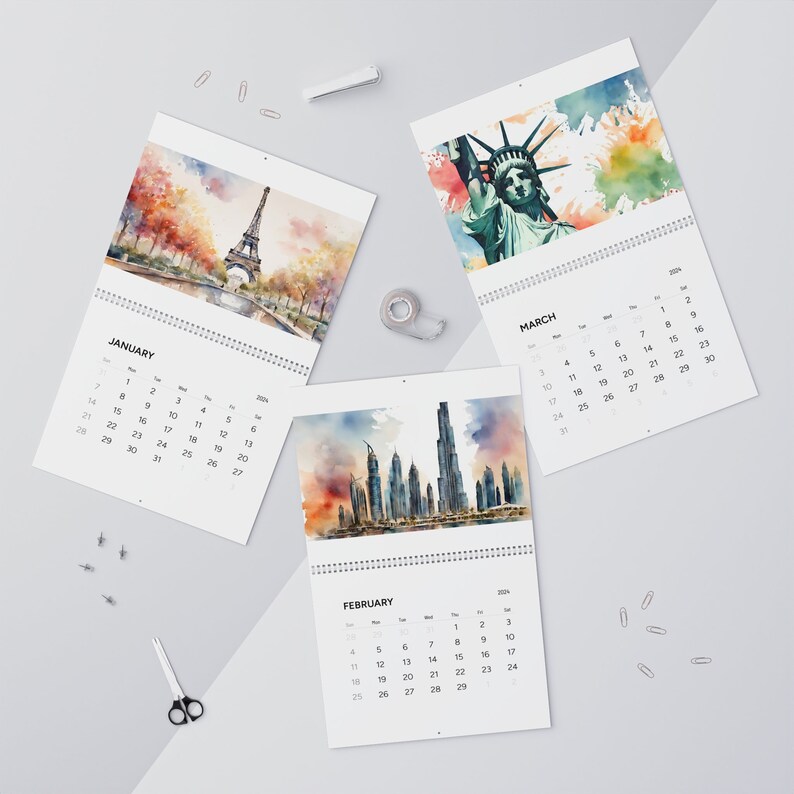 Wall Calendars 2024 Watercolor, Citys, Rome, Berlin, New York, Dubai