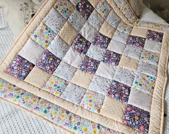 Handmade  Quilted  Patchwork Baby Cot Quilt Spring flowers & rabbits