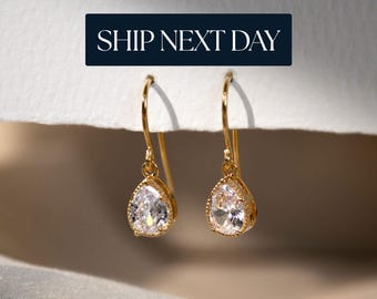 18K Gold Plated Teardrop Earrings, Pear-Cut Cubic Zirconia Dangle, Everyday Luxury Jewelry