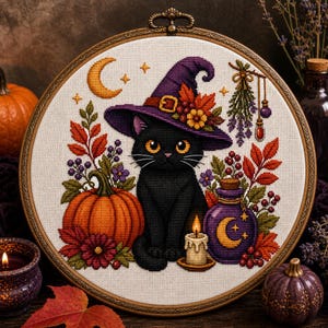 Peut inclure: Une broderie au point de croix circulaire dans un cercle en bronze représentant un chat noir portant un chapeau de sorcière violet avec des feuilles d'automne. Le motif inclut une citrouille orange, une fiole violette et une bougie allumée.