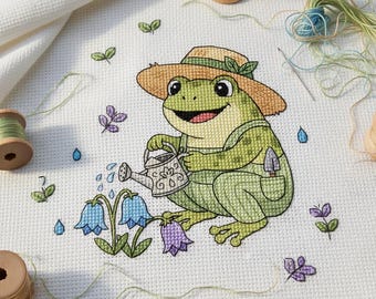 Cute Frog Cross Stitch Pattern | Gardening Frog Digital Download | Whimsical Animal PDF Chart