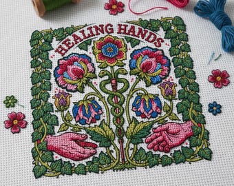 Healing Hands Cross Stitch Pattern PDF, Folk Art Floral Snake Caduceus Digital Download