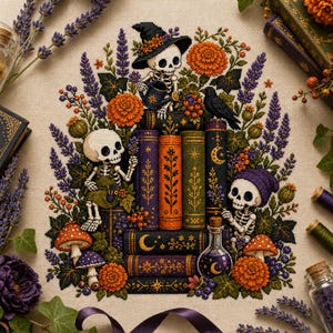 May include: A cross-stitch embroidery on beige fabric featuring three skeletons surrounded by orange marigolds, purple lavender, green ivy, and mushrooms. The skeletons are positioned around a stack of five books with gold celestial and floral details.