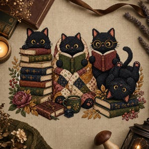 May include: A cross-stitch embroidery design on beige fabric featuring four black cats. One cat sits atop a stack of books, another is wrapped in a colorful quilt reading, a third wears glasses reading, and the fourth lies on books.