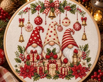 May include: A circular embroidery hoop containing a cross-stitch pattern of three gnomes wearing festive hats. The gnomes are surrounded by hanging ornaments, bells, poinsettia flowers, and wrapped gift boxes in red, white, and gold colors.