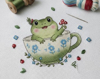 Frog in Teacup Cross Stitch Pattern, Cute Mushroom Frog PDF, Cottagecore Digital
